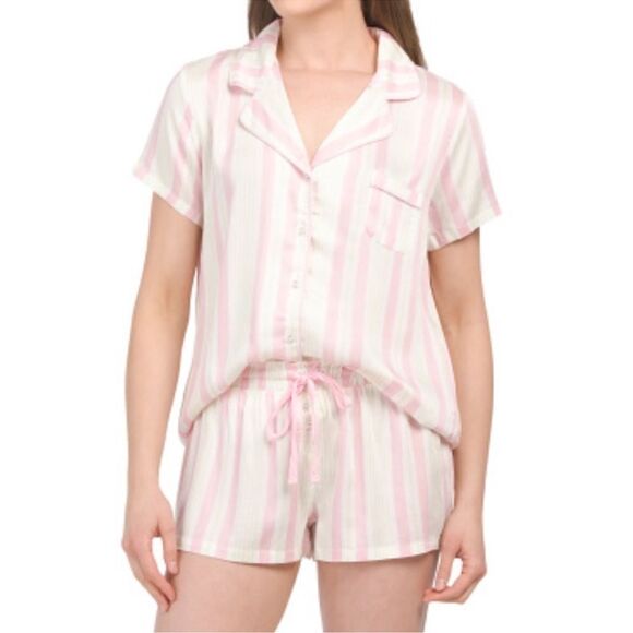 Splendid ML White Pink Melon Stripe Notched Collar Short Sl Top Short PJ Set - Picture 1 of 14